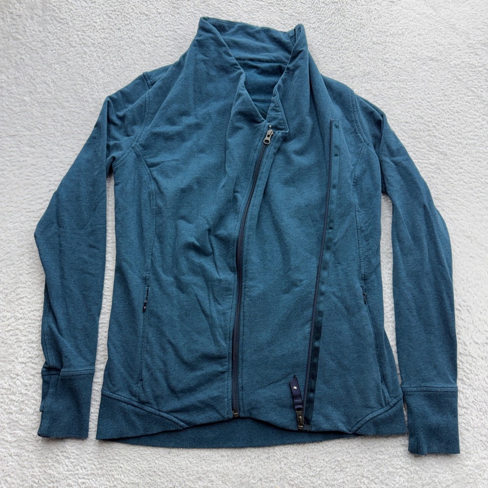 Lululemon Asymmetrical Zip Jacket Teal Blue Funnel Neck Slim Fit Womens Size 6‎